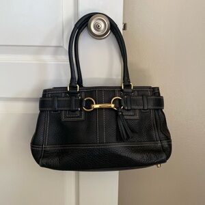 Coach Hampton black pebble leather shoulder bag with brass buckle and zipper